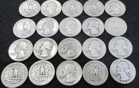 Roll of 20 1943-S Washington Silver Quarter $5 Face Value 90% Silver Coins