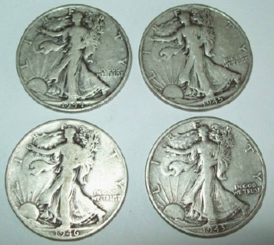Lot of 4 Walking Liberty Half Dollars 1944-S, 1945-S, 1943-D, 1946