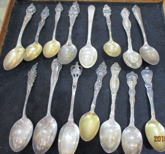 Lot of 15 Sterling Silver .925 Souvenir Spoons 9.26 troy oz. 288 grams Nice Floral ornate collection