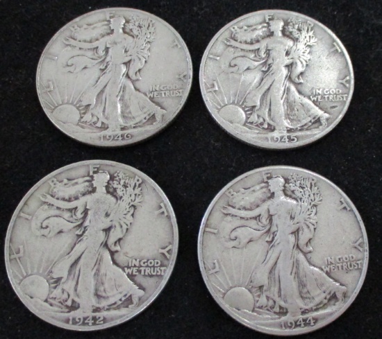 Lot of 4 Walking Liberty Silver Half Dollars 1942-S, 1944, 1945-D, 1946