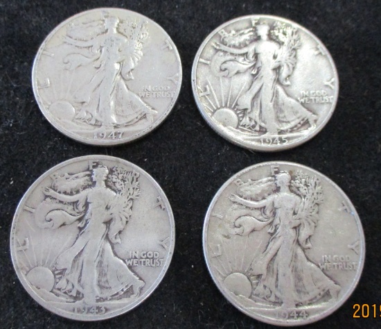 Lot of 4 Walking Liberty Silver Half Dollars  1943-S, 1944, 1945, 1947-D
