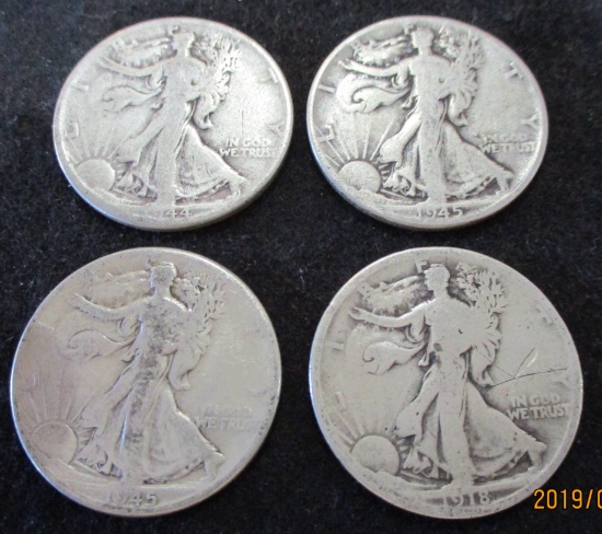 Lot of 4 Walking Liberty Silver Half Dollars  1918, 1944, 2-1945