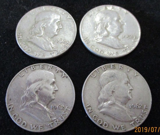 Lot of 4 Franklin Silver Half Dollars 1954, 3-1962-D