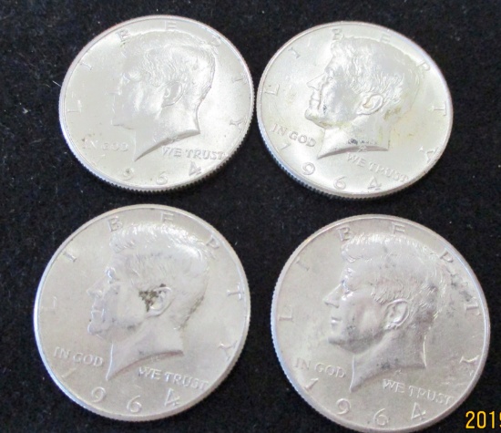 Lot of 4 AU/BU 1964 Kennedy Silver Half Dollars