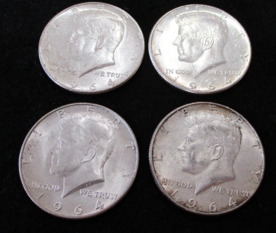 Lot of 4 AU/BU 1964 Kennedy Silver Half Dollars