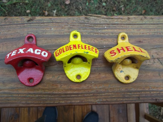 Lot of 3 Wall Mount Cast Iron Bottle Openers Texaco Shell & Golden Fleece Advertising