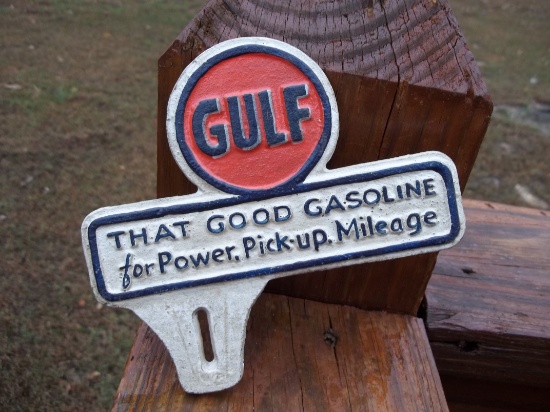 Cast Iron Gulf That Good Gasoline For Power Pickup Mileage License Plate Topper Fob Gas Oil