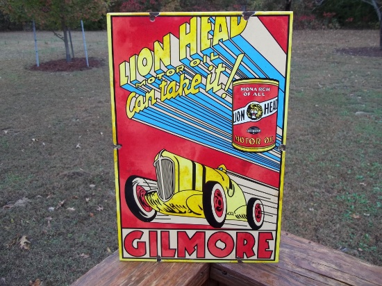 Porcelain Gilmore Lion Head Motor Oil Can Take It Sign Monarch Of All