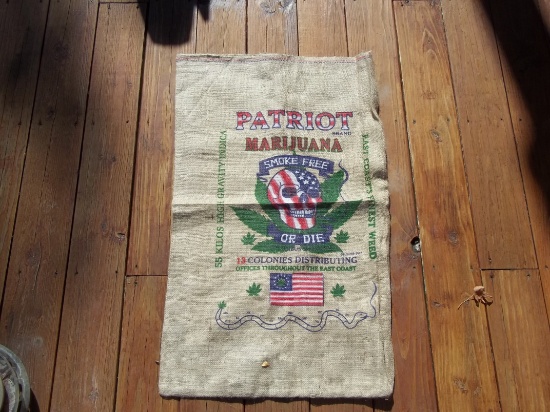 Patriot Brand Marijuana Burlap Bag Smoke Free Or Die 13 Colonies Distributing East Coast Finest Weed