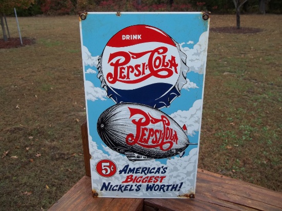 Porcelain Drink Pepsi Cola America's Biggest Nickel's Worth Sign Blimp Advertising Pepsi Sign