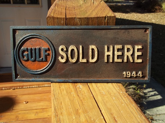 Heavy Cast Iron Gulf Sold Here Dated 1944 Sign Plaque