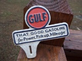 Cast Iron Gulf That Good Gasoline For Power Pickup Mileage License Plate Topper Fob Gas Oil