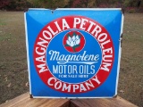 Porcelain Magnolia Petroleum Company Sign Magnolene Motor Oils For Sale Here Station Sign