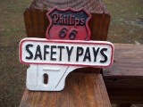 Cast Iron Phillips 66 Safety Pays License Plate Topper Fob Gas Oil Advertising