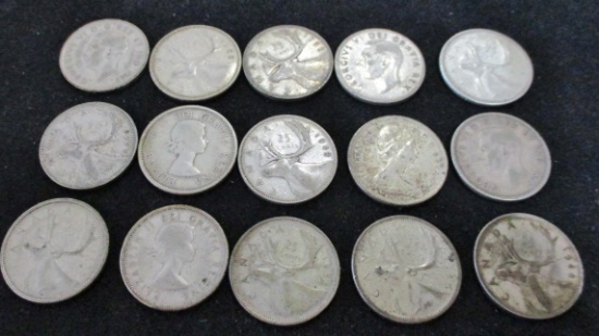Lot of 15 Canada Silver Quarters 80% Silver