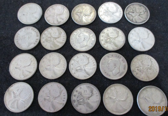 Lot of 20 Canada Silver Quarters 80% Silver $5.00 Face Value