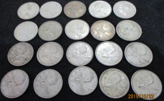 Lot of 20 Canada Silver Quarters 80% Silver $5.00 Face Value