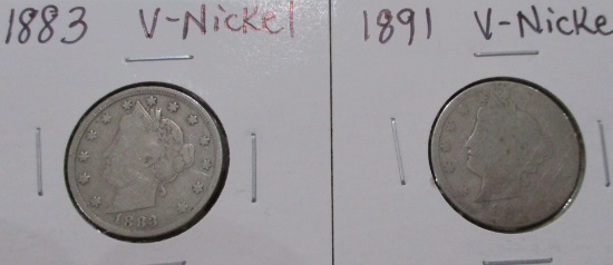 1883 No Cents and 1891 Liberty Head V-Nickel Coins