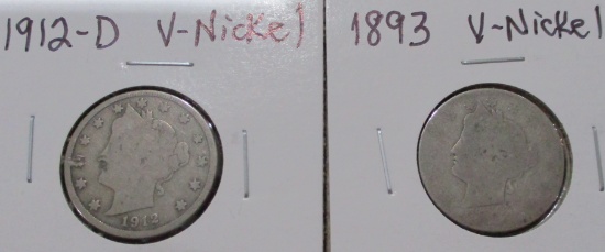 1893 and 1912-D Liberty Head V-Nickel Coins