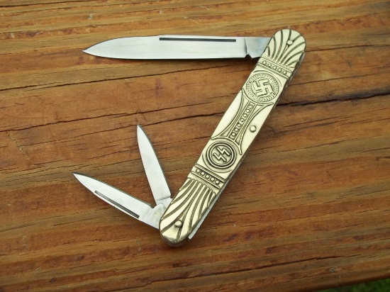 Brass German Swastika 3 Blade Folding Knife Solid Well Built Pocket Knife