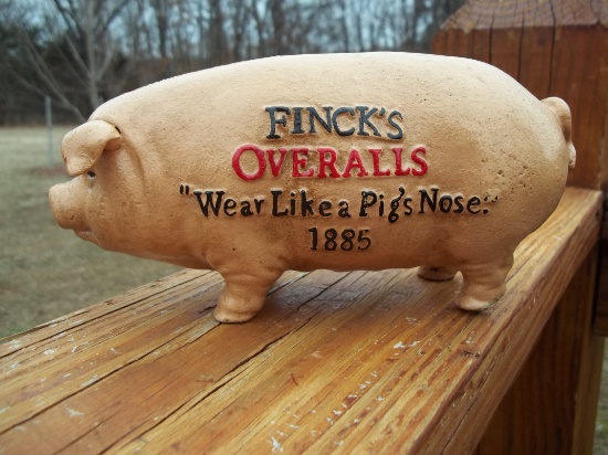 Cast Iron Heavy Finck's Overalls Wear Like A Pigs Nose 1885 Bank Hog Pig Advertising Bank