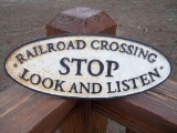 Large Heavy Cast Iron Railroad Crossing Sign Stop Look And Listen