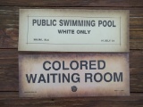 2 Black Americana Paper Segregation Signs Colored Waiting Room Cotton Belt Route & Swimming Pool