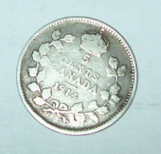1914 Canada 5 Cent Silver Foreign Coin