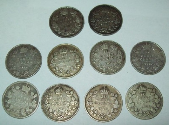 Lot of 10 Early Date Canada Silver Dimes 1909, 1910, 1912, 1913, 1916, 1917, 1918, 1919