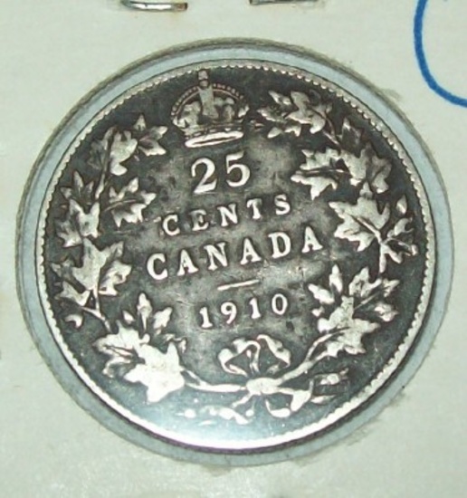 1910 Canada Silver Quarter 25 Cent Foreign Coin