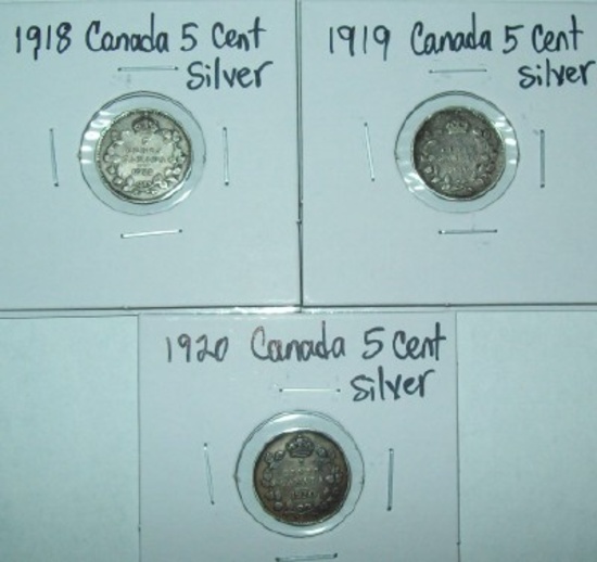 Lot of 3 Canada Silver 5 Cent Foreign Coins 1918 1919 1920