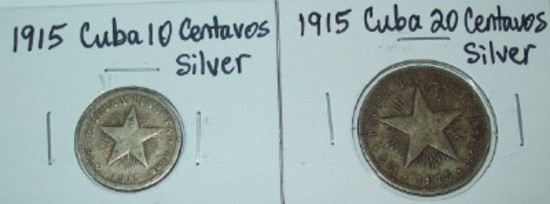 1915 Cuba 10 Centavos & 20 Centavos Silver Foreign Coins