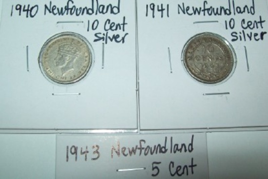 Lot of 3 1941 1940 Newfoundland Canada 10 Cent & 1943 5 cent