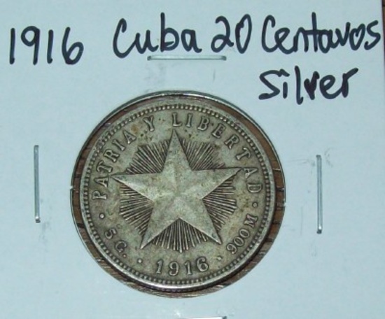1916 Cuba 20 Centavos Silver Foreign Coin