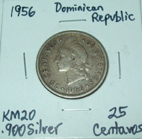 1956 Dominican Republic 25 Centavos Foreign Silver Coin