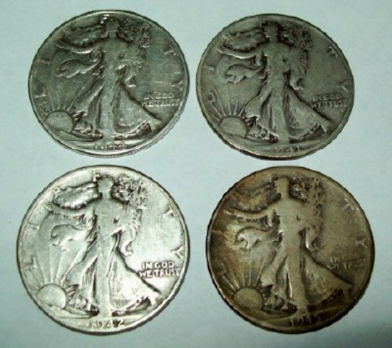 Lot of 4 Walking Liberty Silver Half Dollars 1941, 1942, 1944, 1945