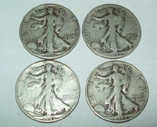 Walking Liberty Silver Half Dollars  1941, 1942, 1944-D, 1945-D