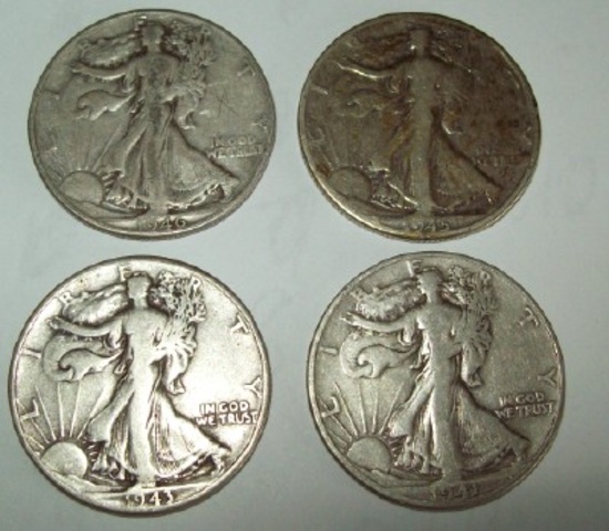 Lot of 4 Walking Liberty Silver Half Dollars 1941-D, 1945-D, 1943, 1946