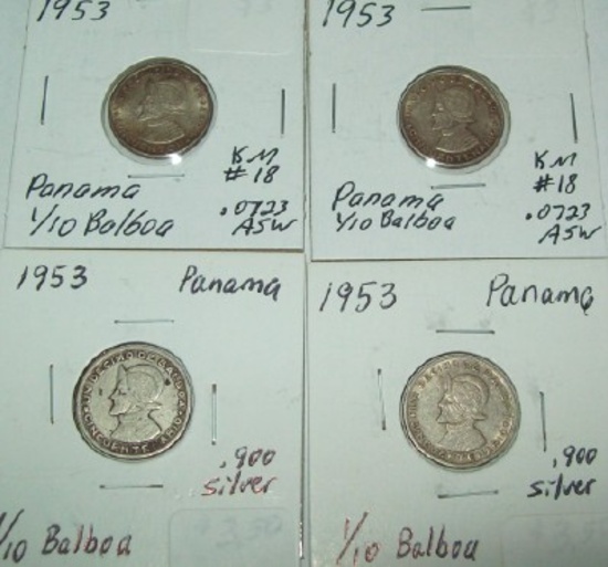 Lot of 4 1/10 Balboa Panama 1953 90% Silver Foreign Coins
