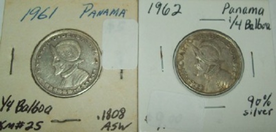 Lot of 2 Panama 1/4 Balboa 1961, 1962 90% Silver Foreign Coins