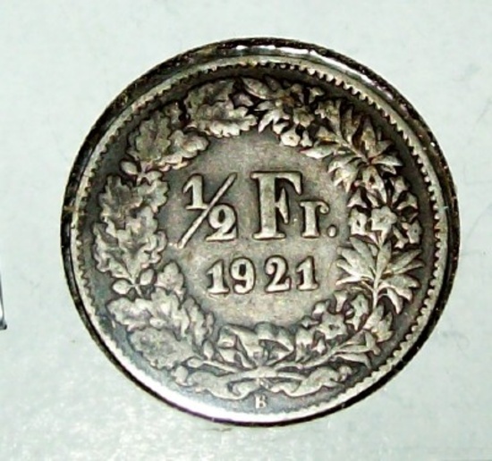 1921-B Swiss Switzerland 1/2 Franc Silver Coin .835% Silver Helvetia