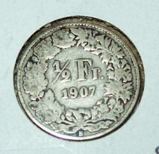 1907-B Swiss Switzerland 1/2 Franc Silver Coin .835% Silver Helvetia