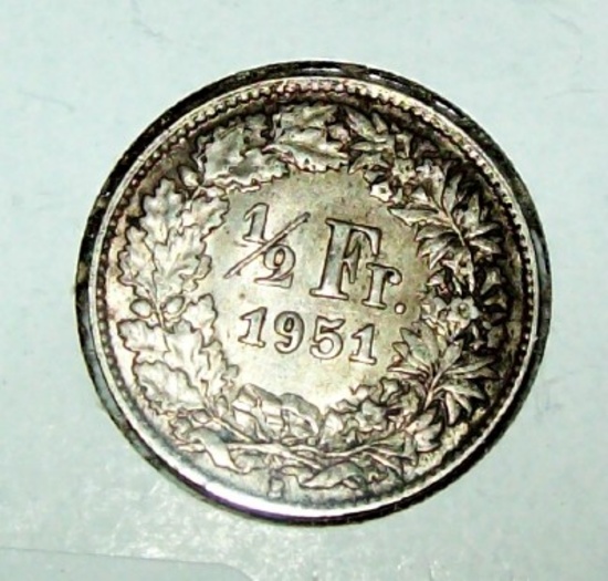 1951-B AU Swiss Switzerland 1/2 Franc Silver Coin .835% Silver Helvetia