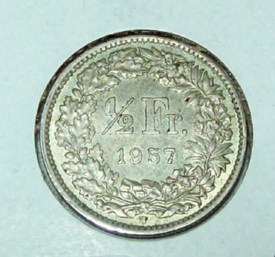 1957-B AU Swiss Switzerland 1/2 Franc Silver Coin .835% Silver Helvetia