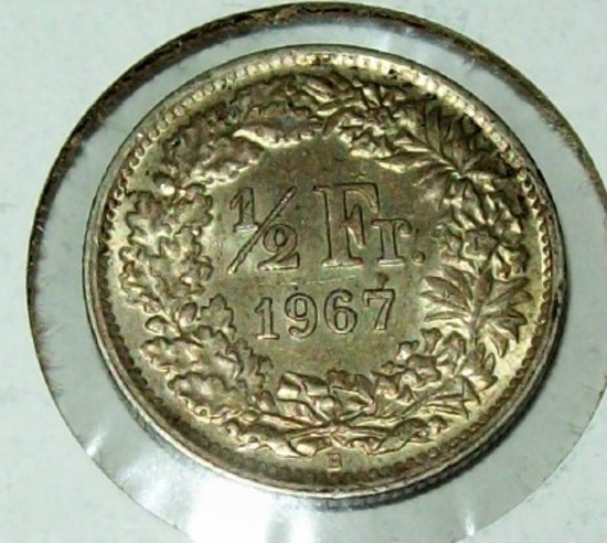 1967-B BU Uncirculated Swiss Switzerland 1/2 Franc Silver Coin .835% Silver Helvetia