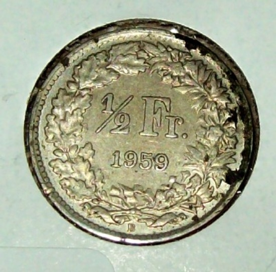 1959-B Swiss Switzerland 1/2 Franc Silver Coin .835% Silver Helvetia