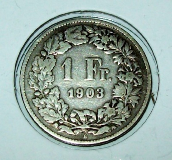 1903-B Swiss Switzerland 1 Franc Silver Coin .835% Silver Helvetia