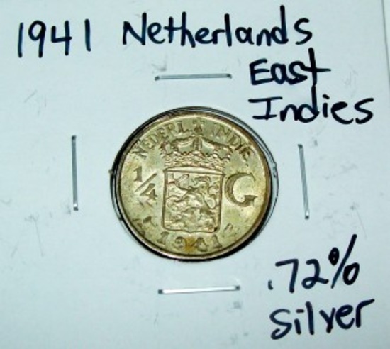 1941 Netherlands East Indies 1/4 Gulden .72% Silver Foreign Coin