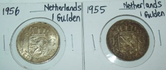 1955 & 1956  Netherlands 1 Gulden .72% Silver Foreign Coin