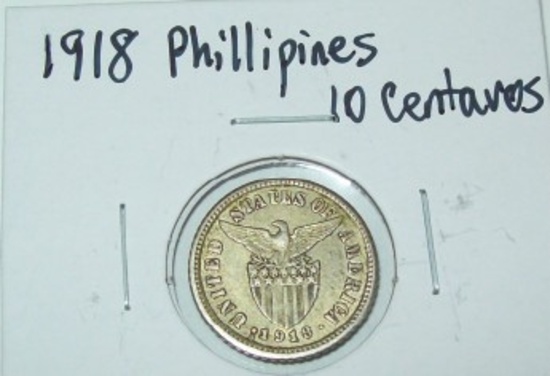 1918  Phillipines 10 Centavos Foreign Silver Coin